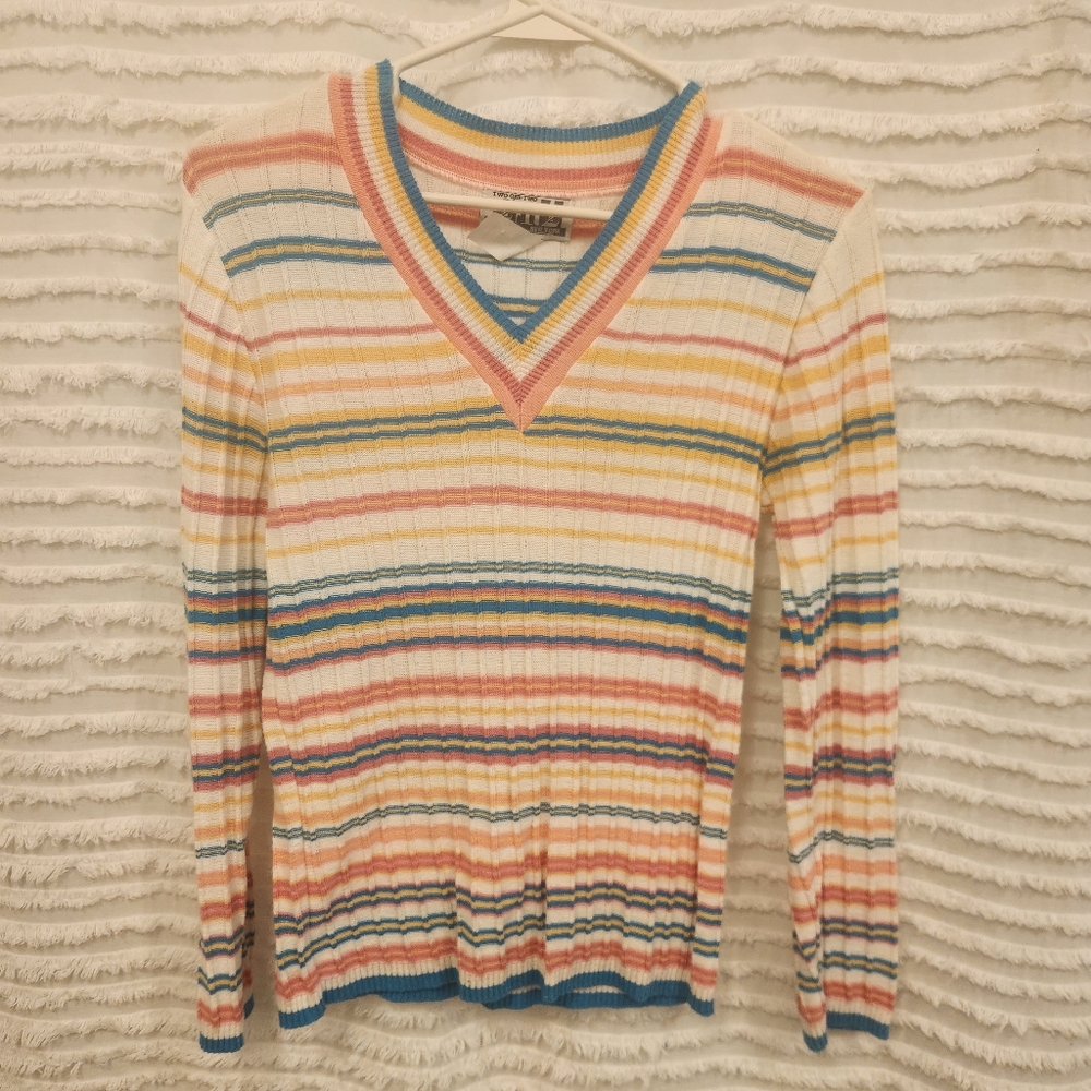 White and Pink V-Neck Sweater with Lightweight Knit